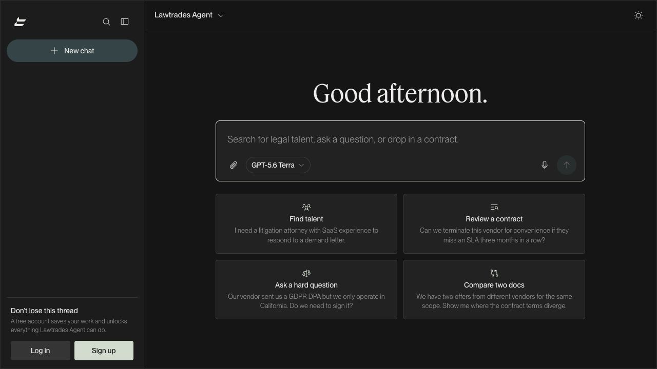 Lawtrades Agent guest screen with New chat, the message box and attachment control.
