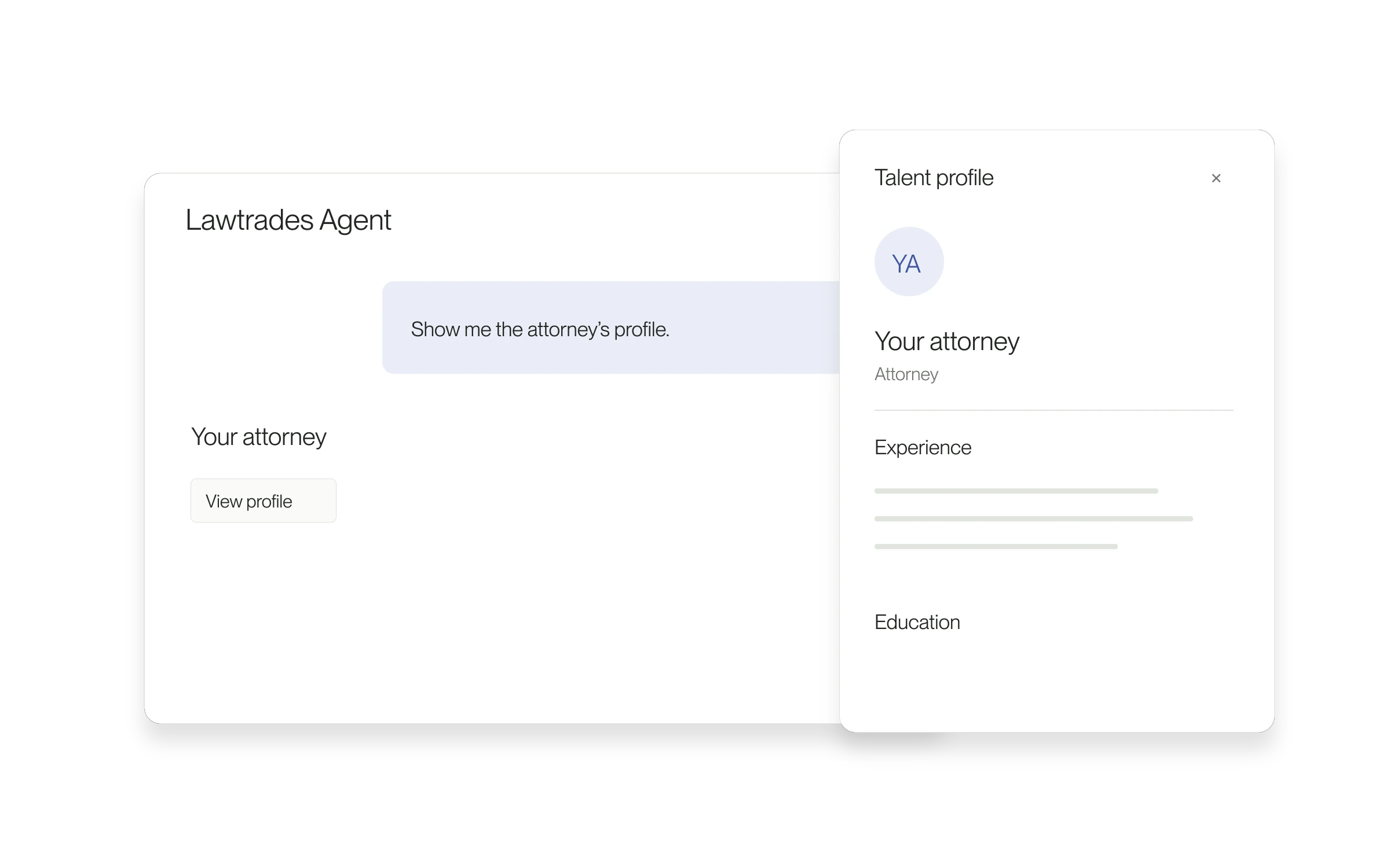 A talent profile panel alongside an Agent conversation.