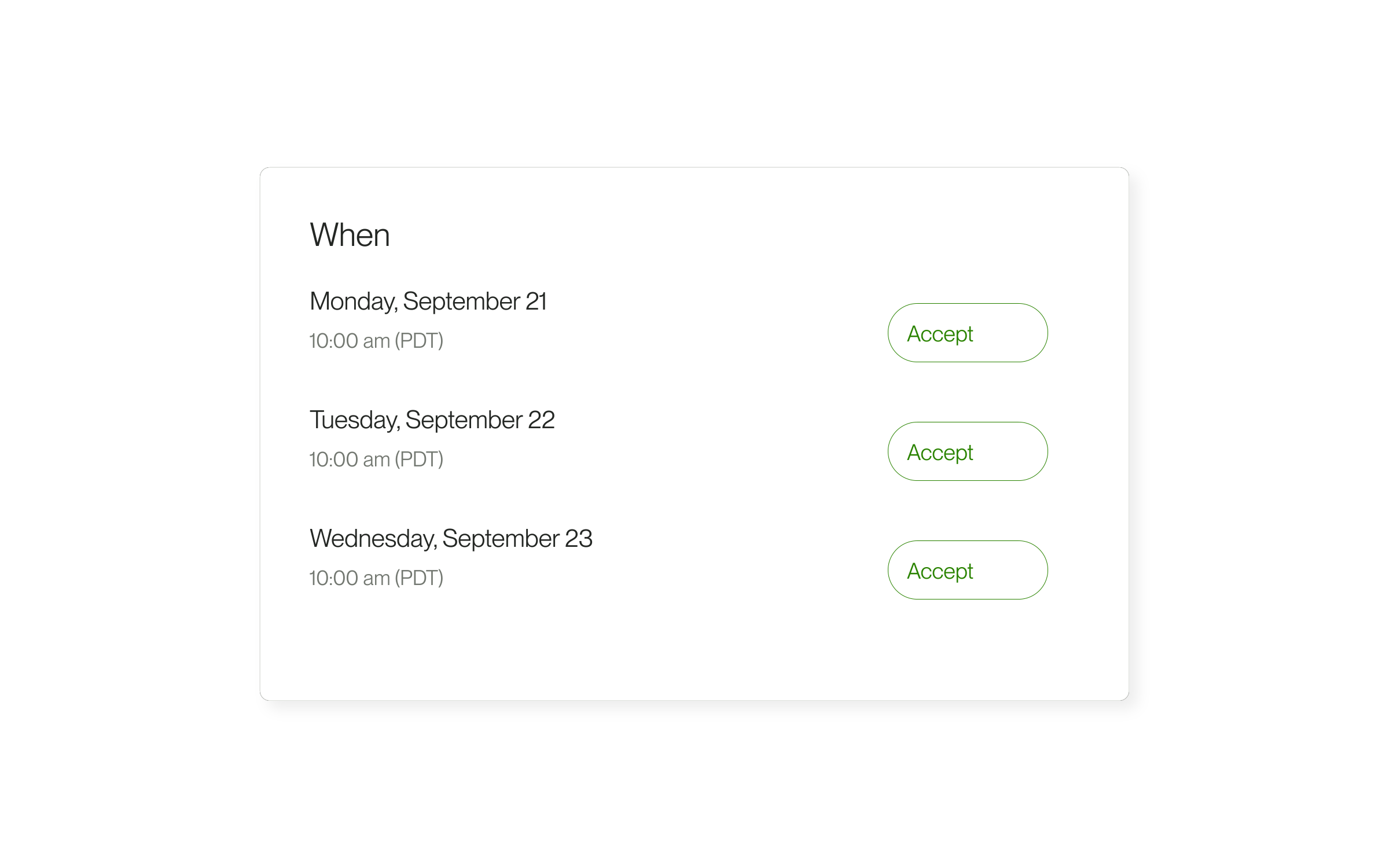 Editable illustration of proposed interview times and unselected Accept controls, using example dates.