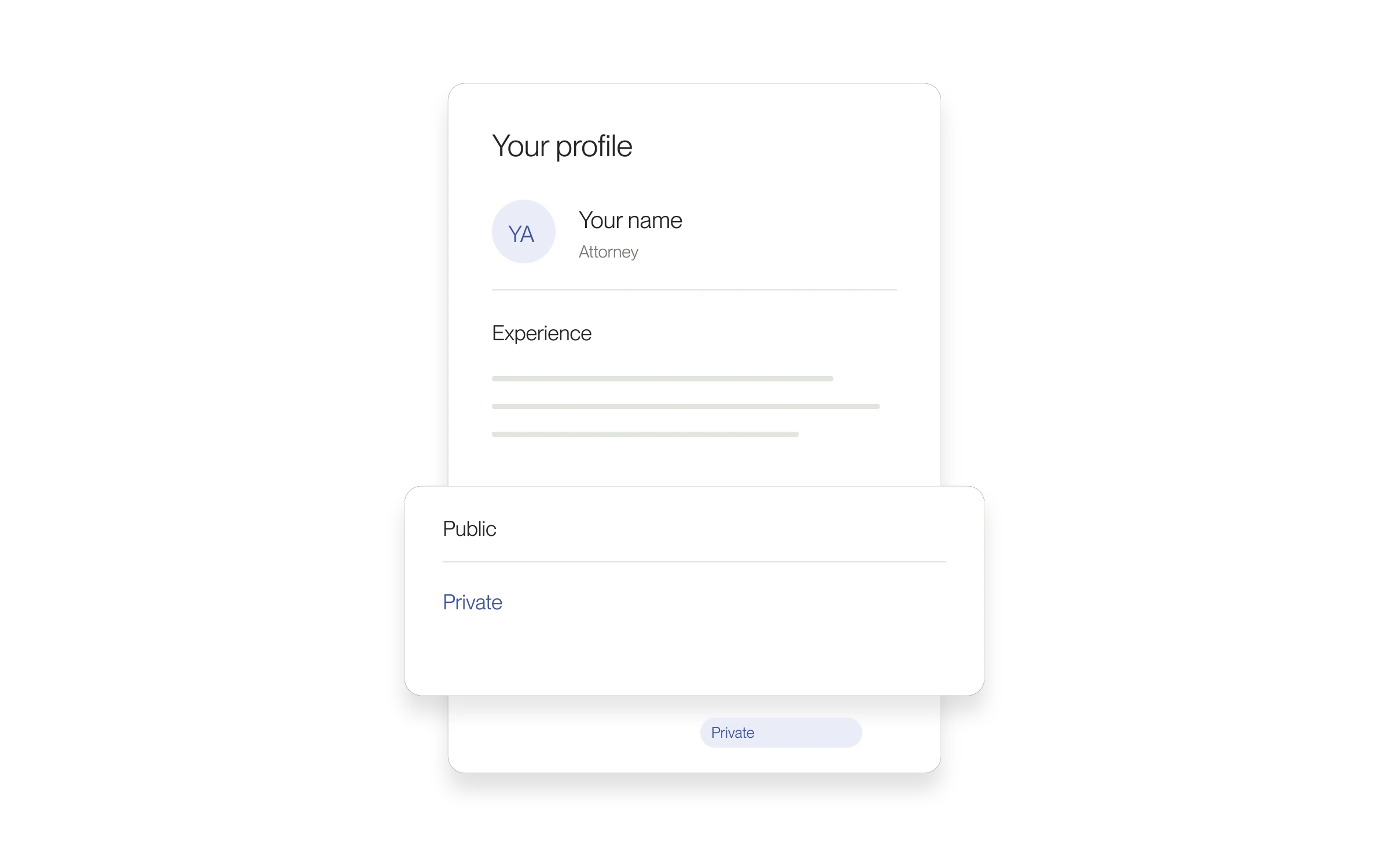 Authored illustration with example profile data: the mobile visibility menu with Private selected.