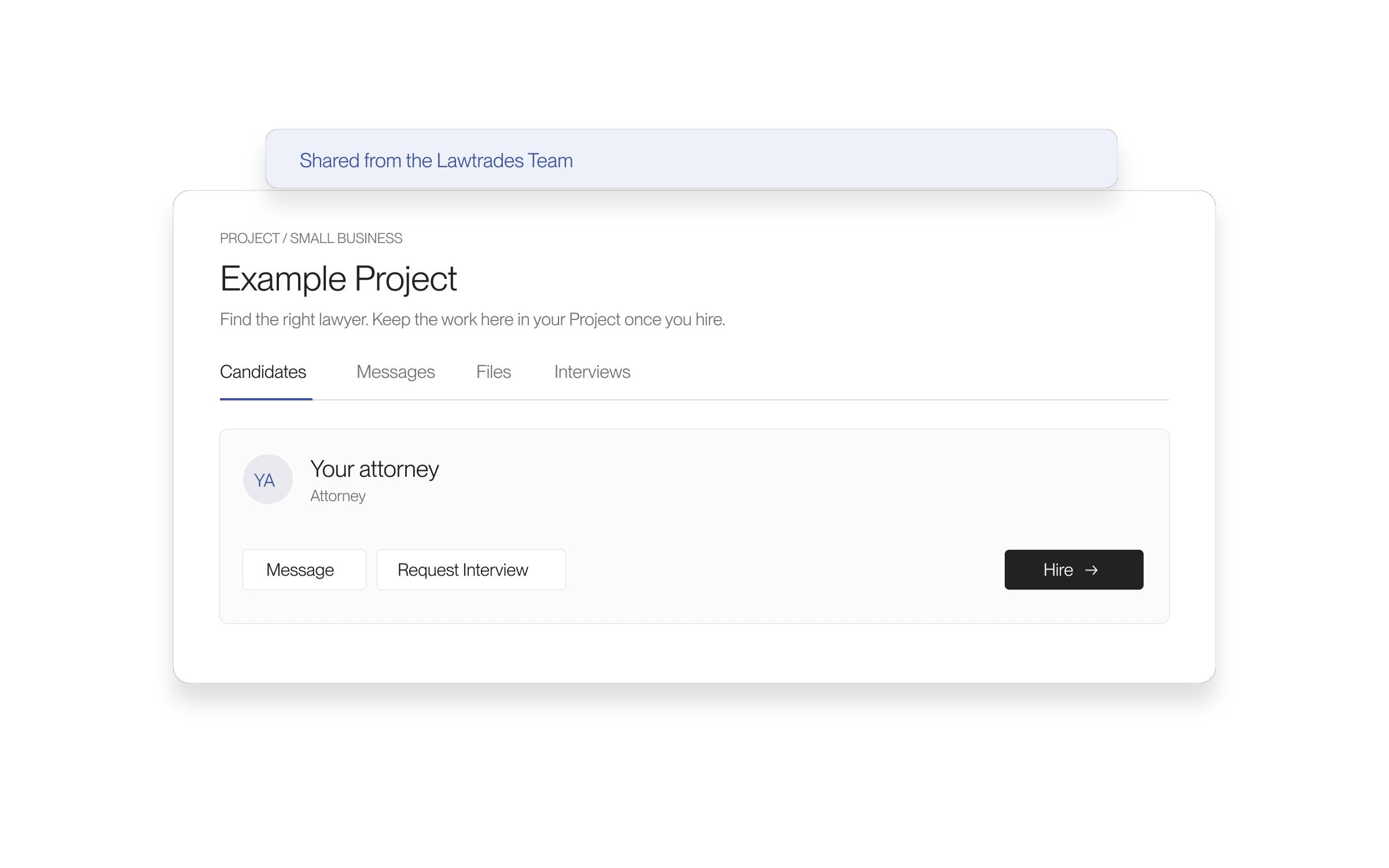 Authored illustration of a shared Lawtrades recommendation and its Project candidate view, using example data.