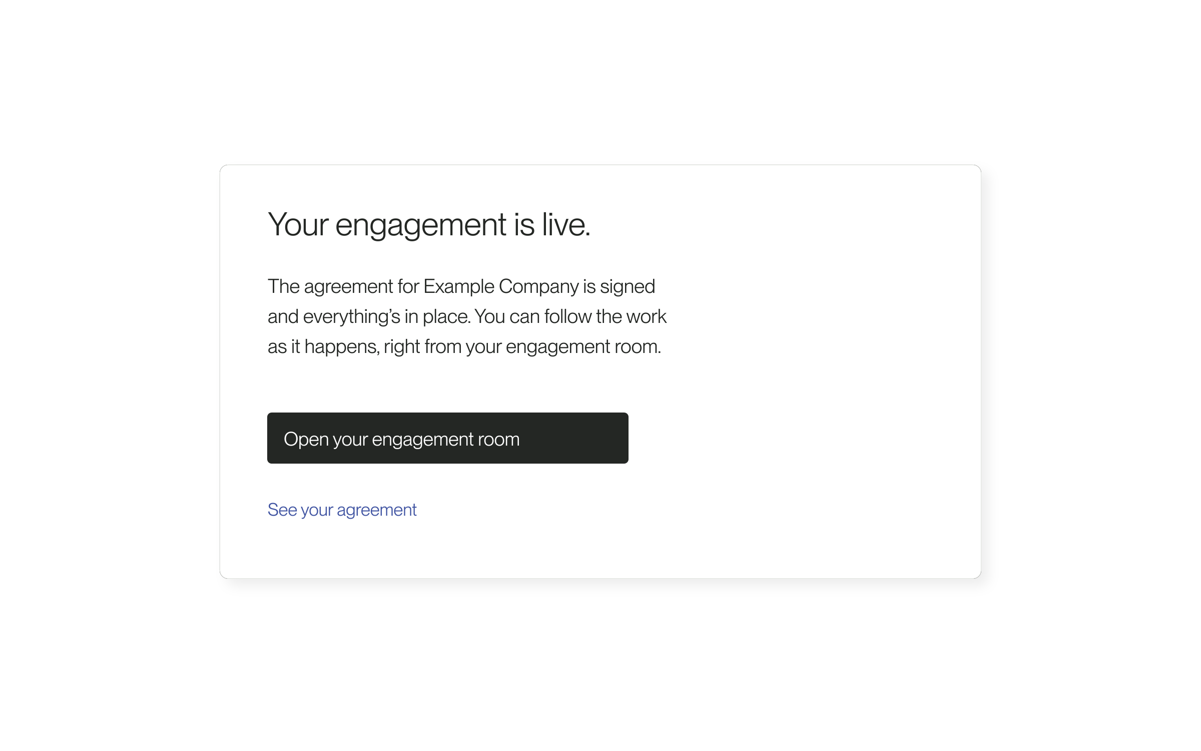 Editable illustration of an engagement email excerpt and its Open your engagement room link, using an example company.