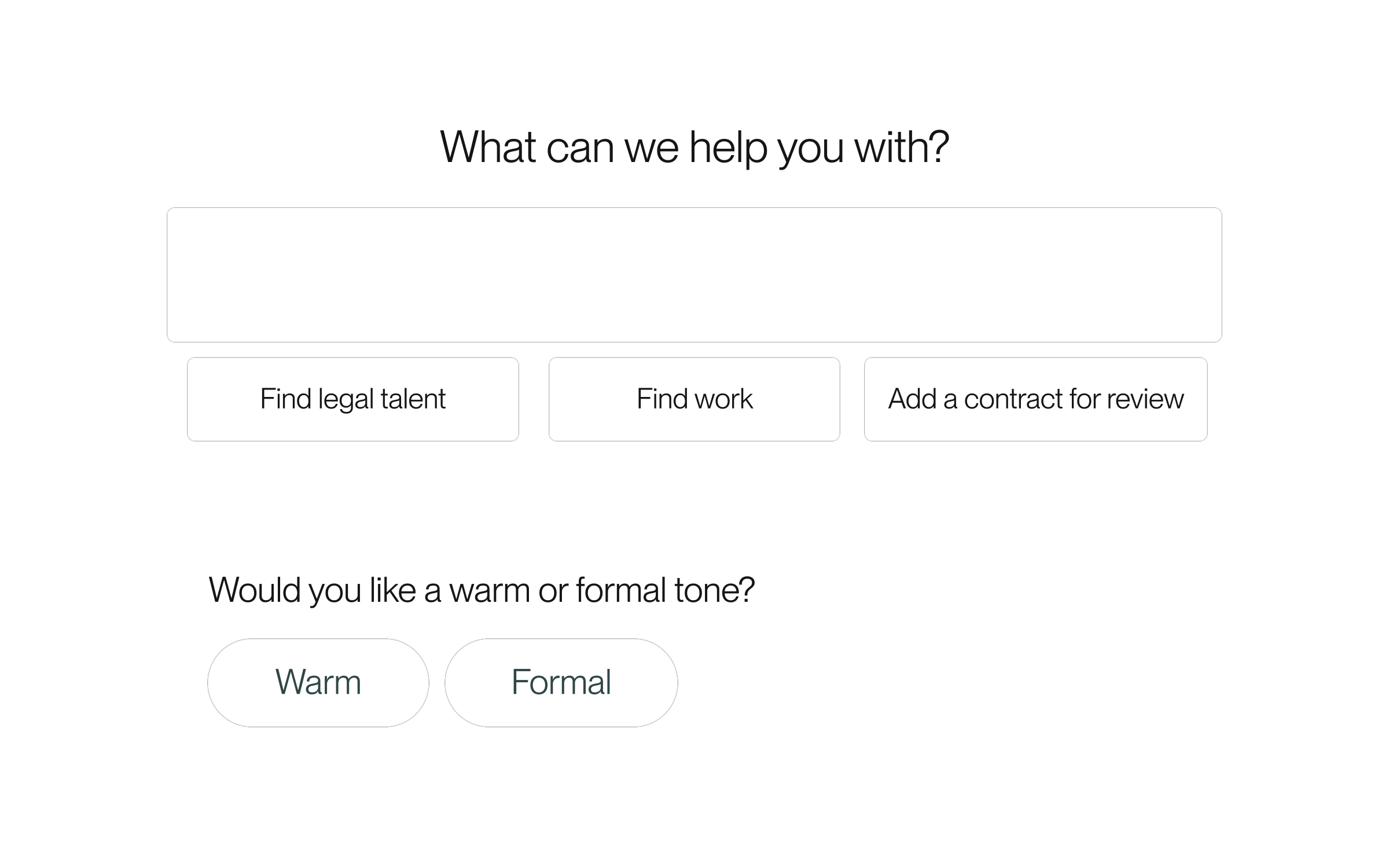 Native editable illustration combining guest task starters with a separate completed-response excerpt and unselected Warm/Formal choices. Example response text; simplified composer controls; no customer data.