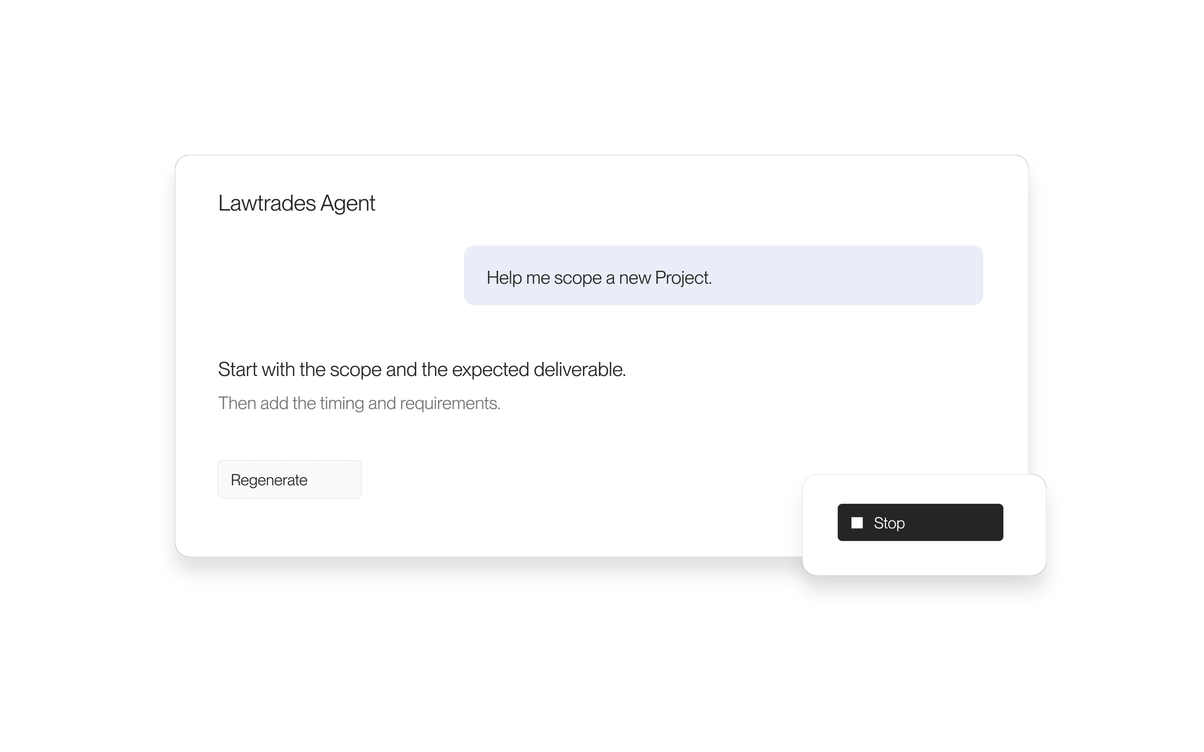 Agent answer illustration with Stop and Regenerate controls.