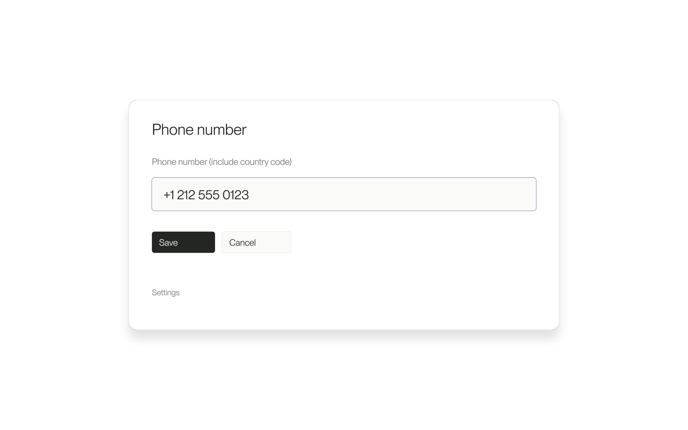 Authored illustration of the Phone number field with a sample number and Save and Cancel controls in Settings.