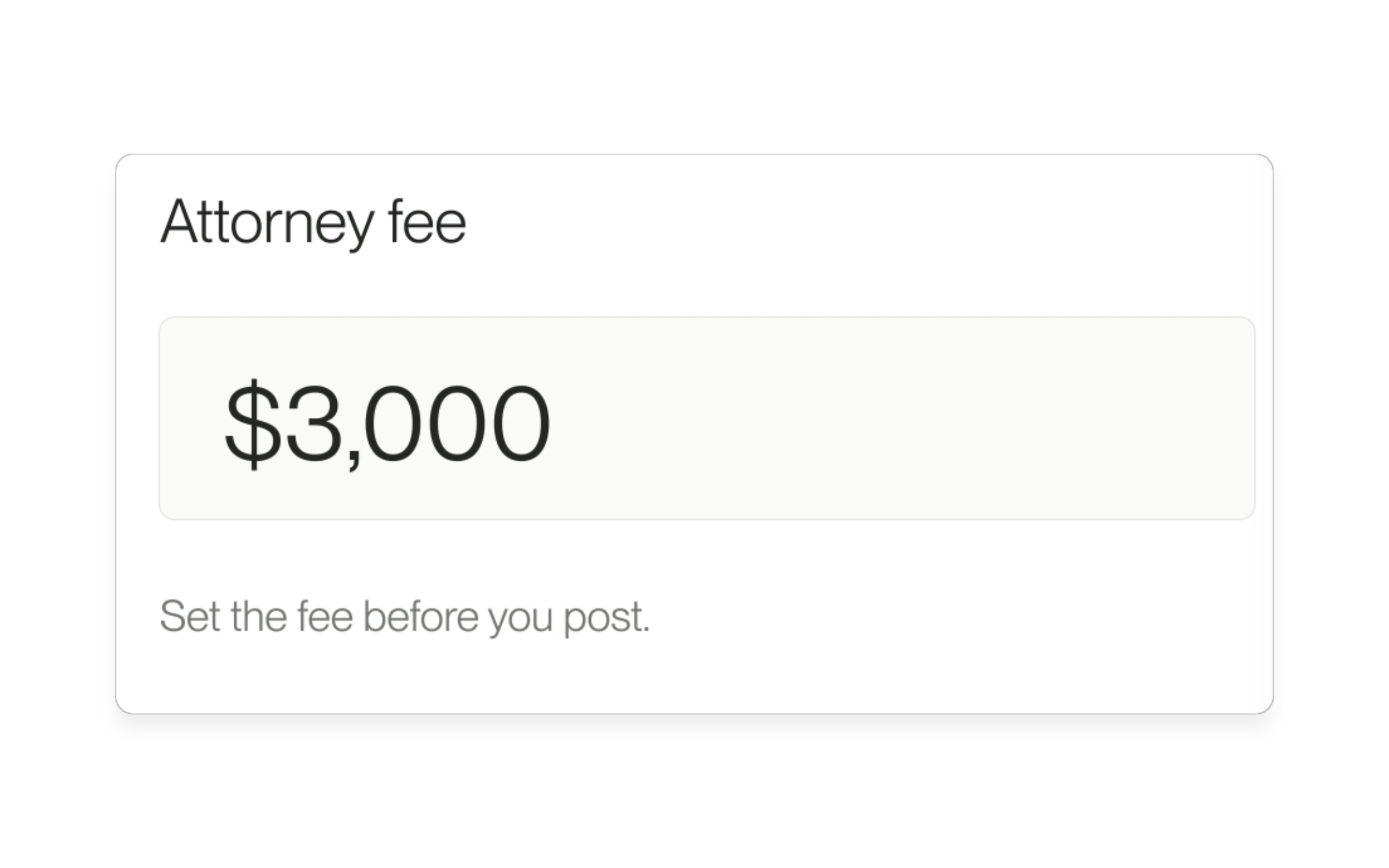 Native product detail showing the attorney fee input, using example data.