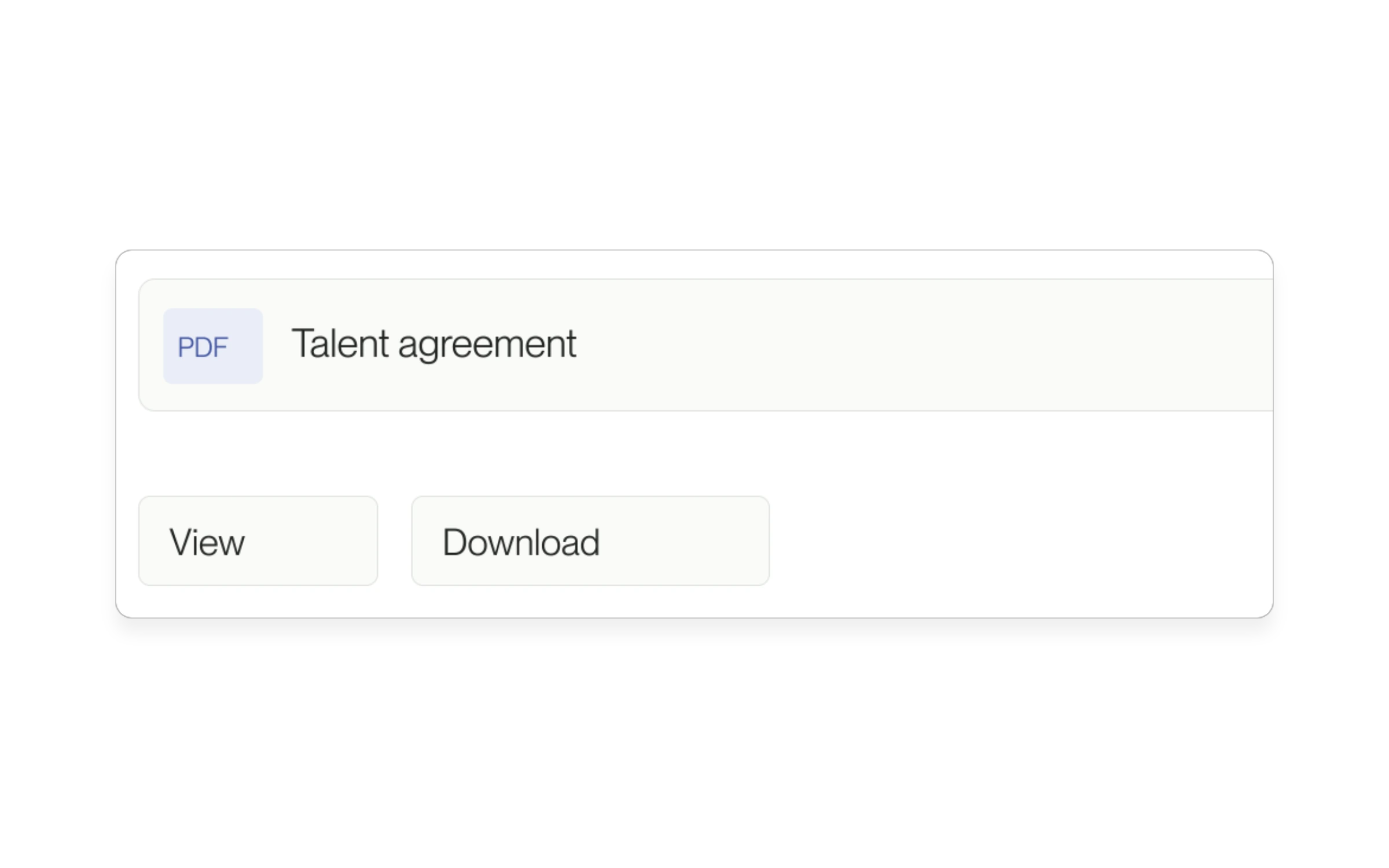 Native product detail showing an agreement file with View and Download actions, using example data.