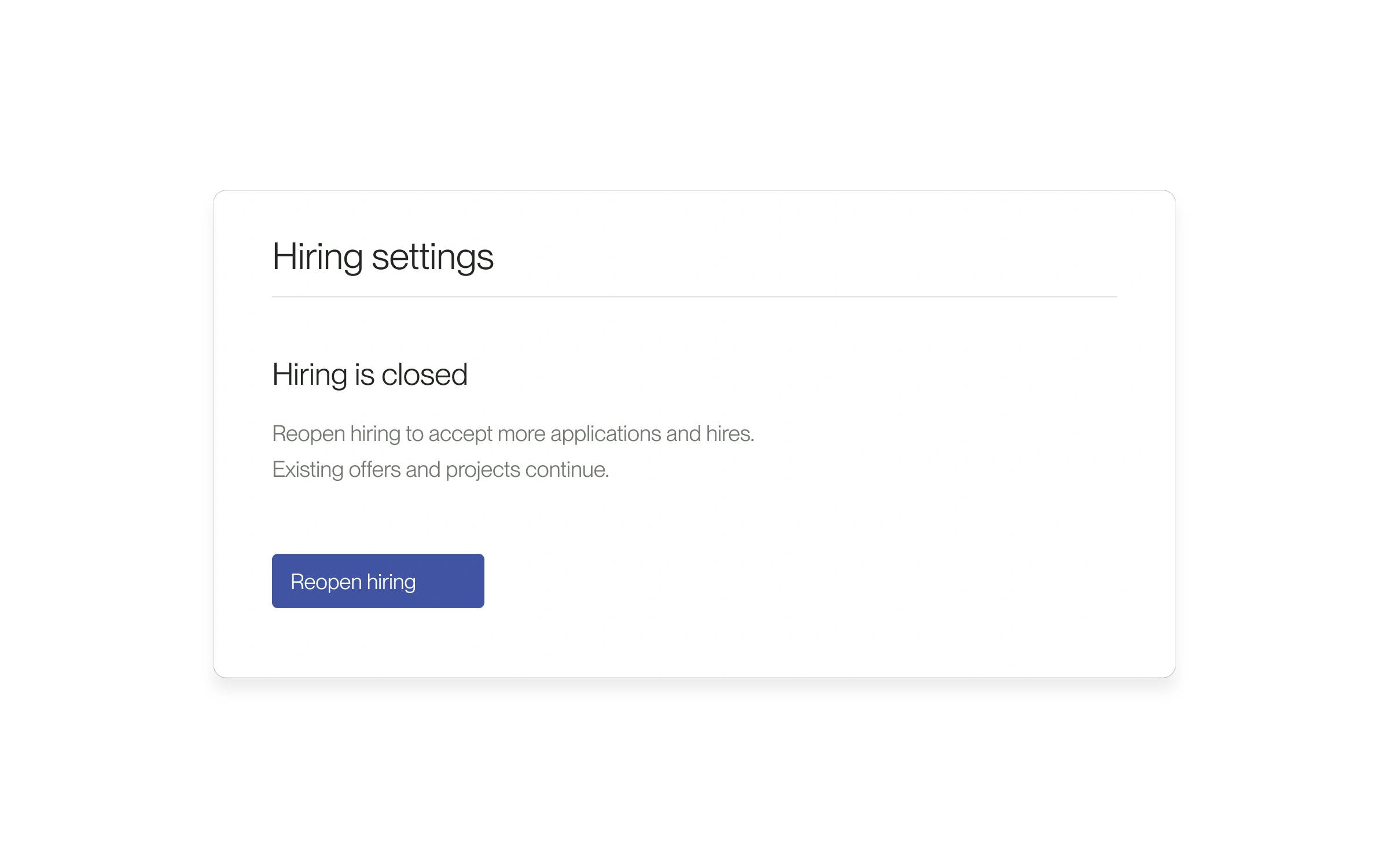 Native editable detail of Hiring settings showing Hiring is closed and Reopen hiring for an eligible small-business Project.