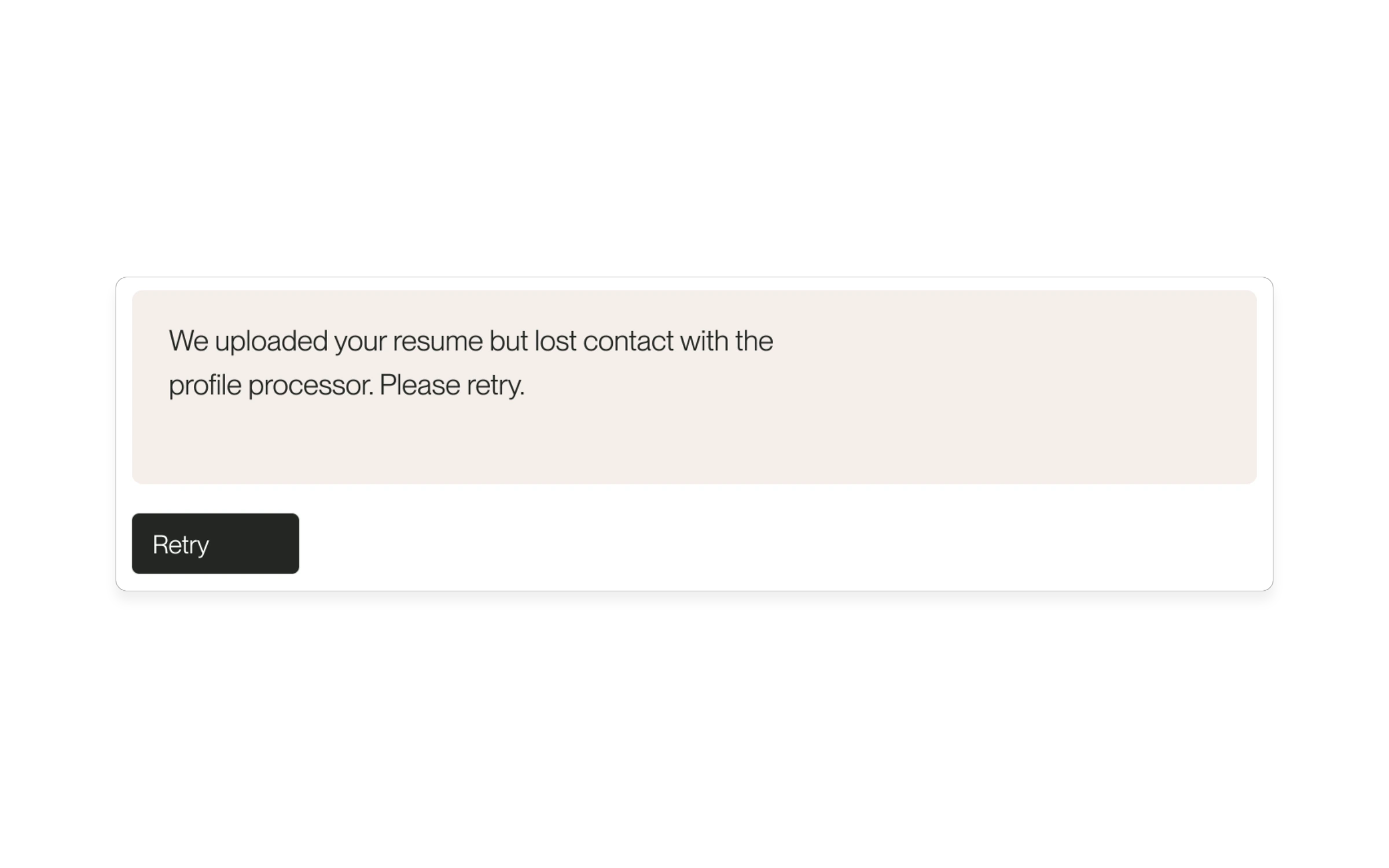 Native product detail showing a processing error and Retry button, using example data.