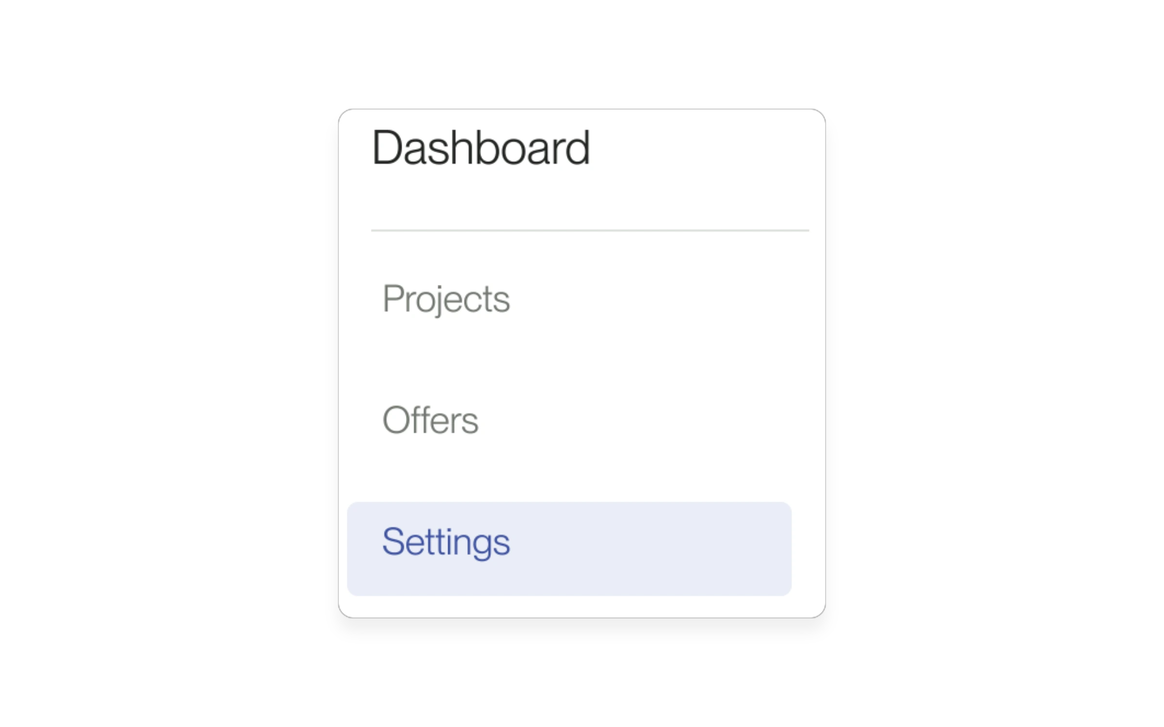 Native product detail showing Settings selected in dashboard navigation, using example data.