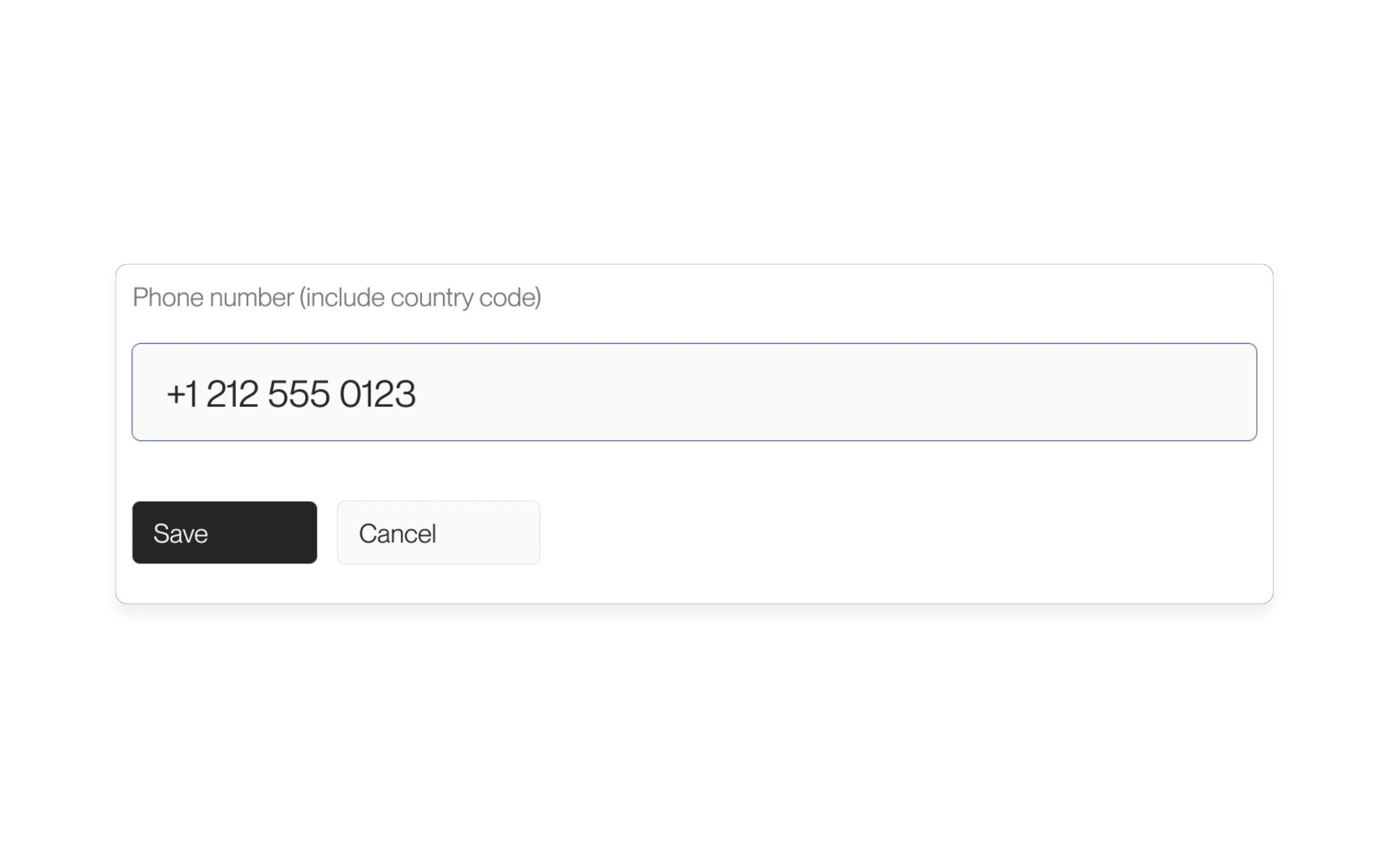 Native product detail showing the phone number field and Save action, using example data.