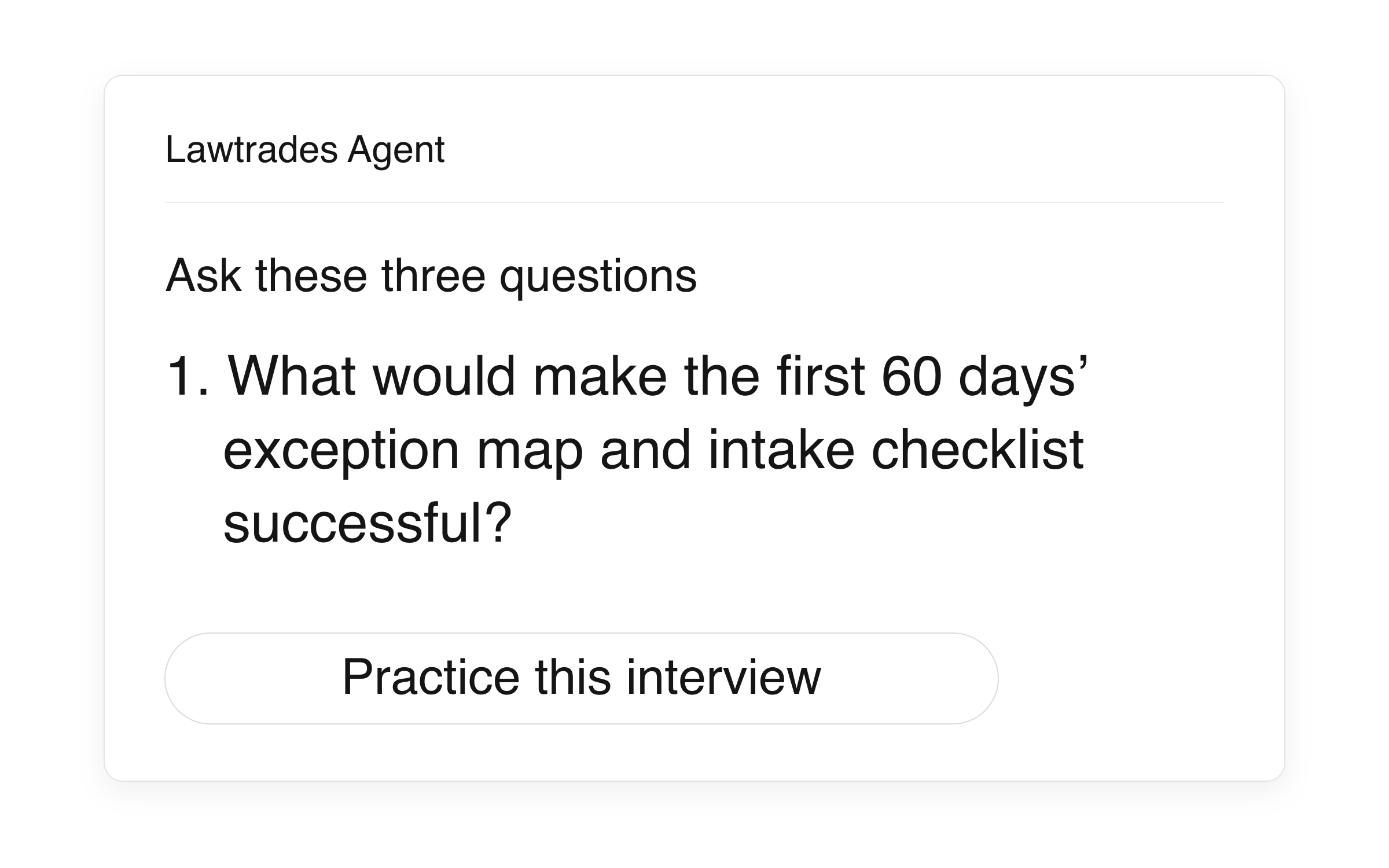 Editable product illustration: a single question excerpted from a fictional QA interview brief, followed by the inspected Practice this interview control. This is an illustration, not a production screenshot.